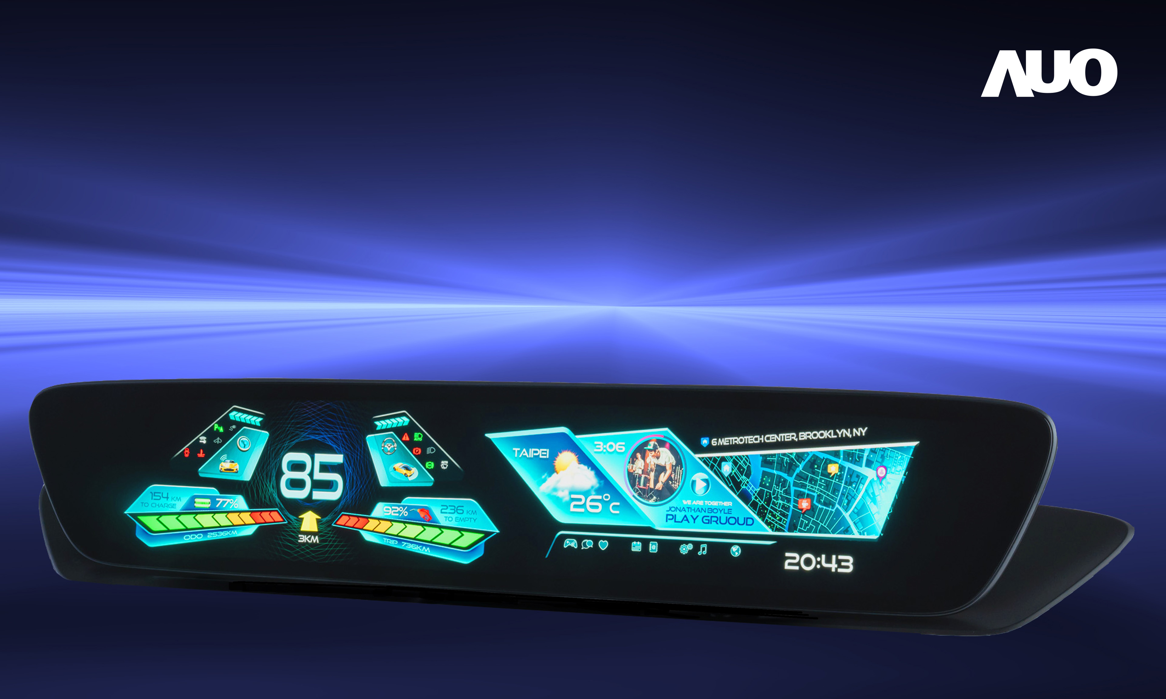 友達30.4吋異形曲面AmLED車載顯示系統，為一兼具儀表板及中控台人機介面的創新車載顯示系統，結合美學設計，提升車內科技沉浸感及使用體驗，讓車載顯示的未來應用更加多元化