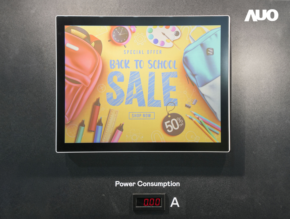 k1体育展示胆固醇液晶超低耗能户外全彩显示器，ChLC（胆固醇液晶）以双稳态技术使静态显示零功耗，具省电、高彩度、环保的特性，还整合软硬件系统解决方案，可透过单一云端平台管理