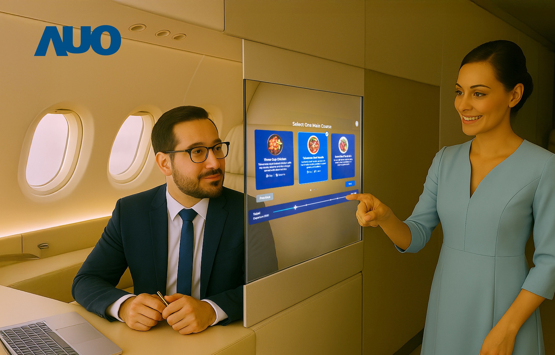 友達研發全球最薄17.3 吋雙面透明 Micro LED 顯示器，可在同一螢幕之雙邊投射不同資訊，創造獨特的「透明化」互動；圖為即時翻譯交流應用情境