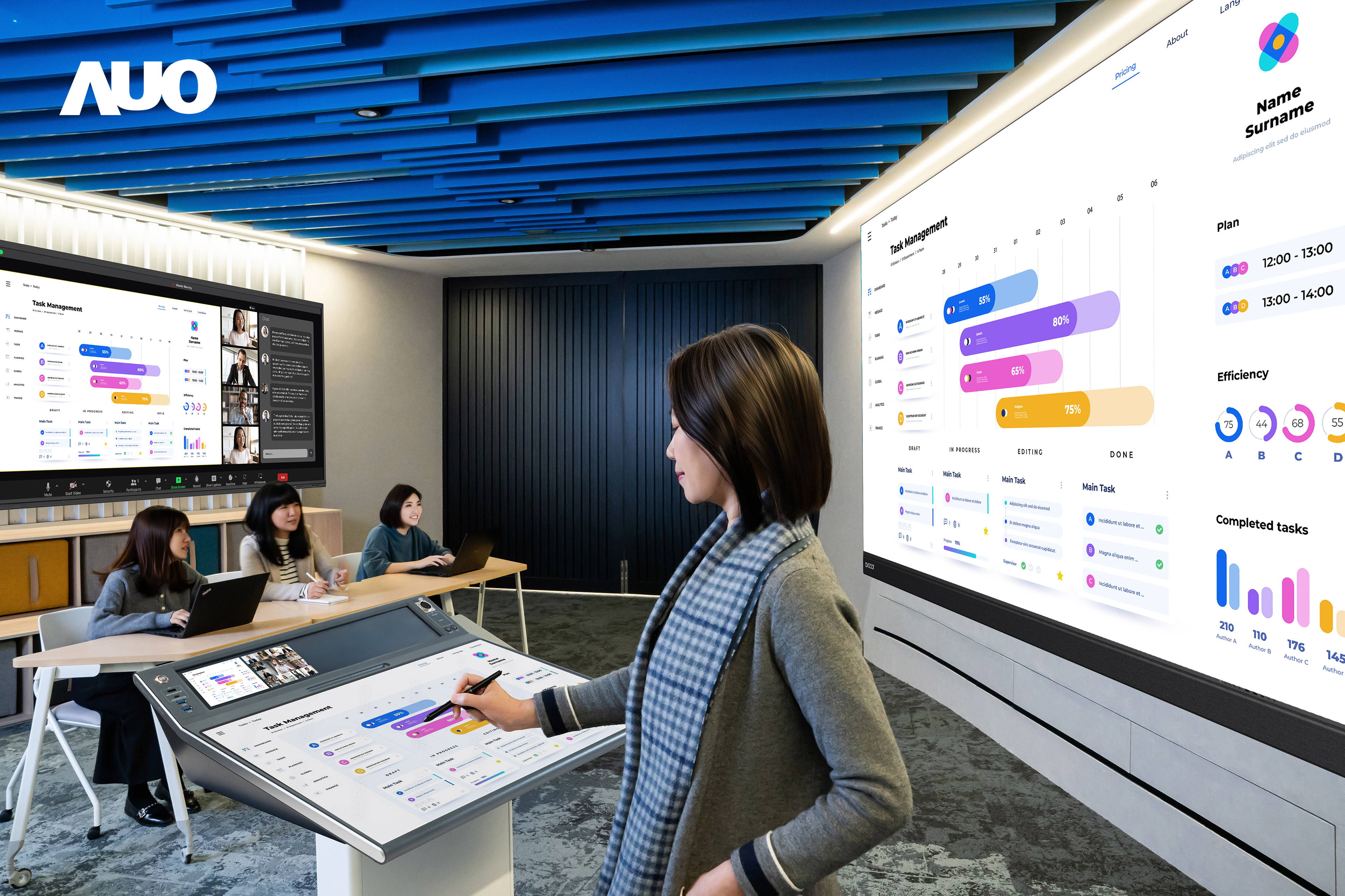 達擎攜手Avocor與Rise Vision展示全方位商務領域應用，包含採用模組化設計的138吋一體式All-in-One LED顯示器及具21:9超寬比例的92吋互動式電子白板（IFPD），講者可輕鬆分享內容，有效提升會議協作效率。